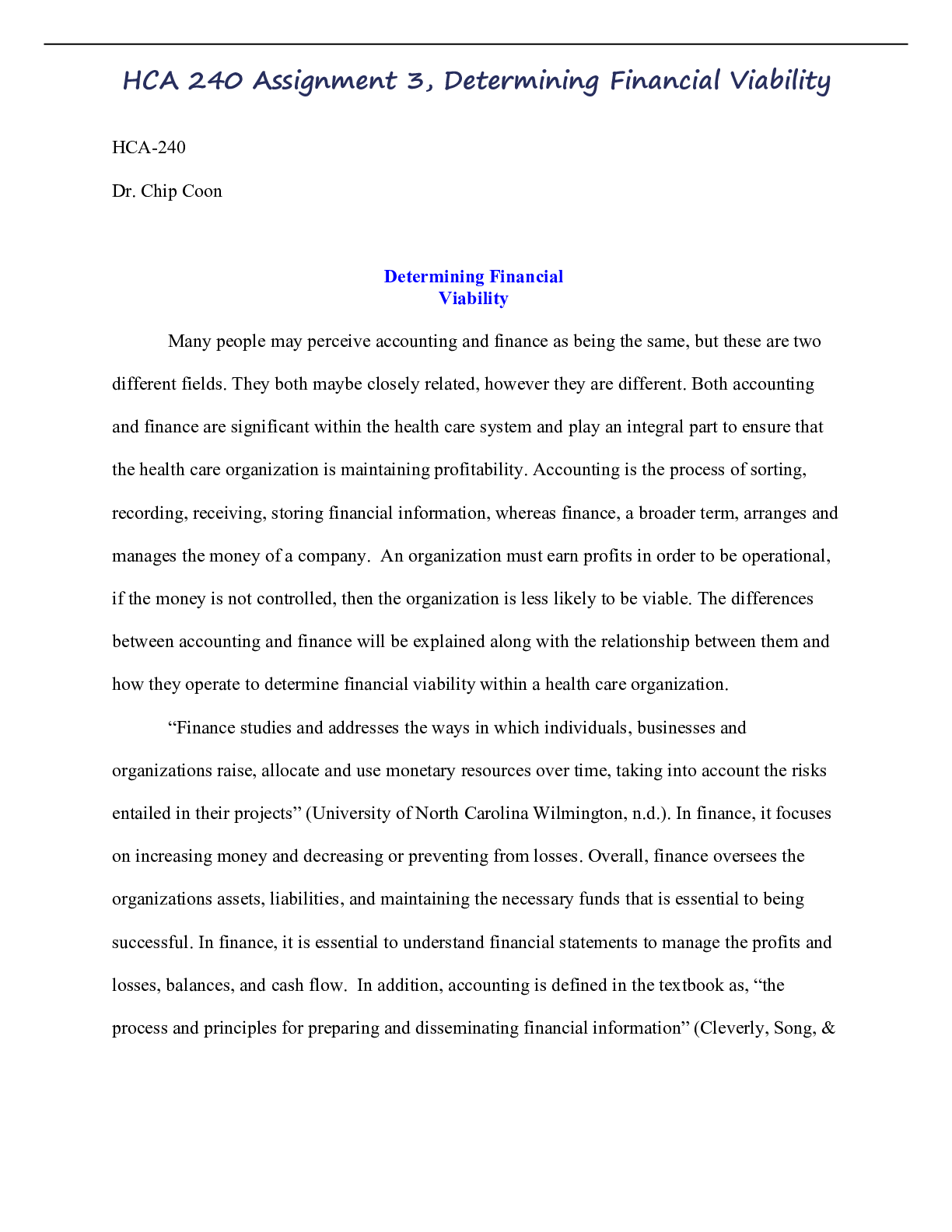Preview image for HCA 240 Assignment 3, Determining Financial Viability